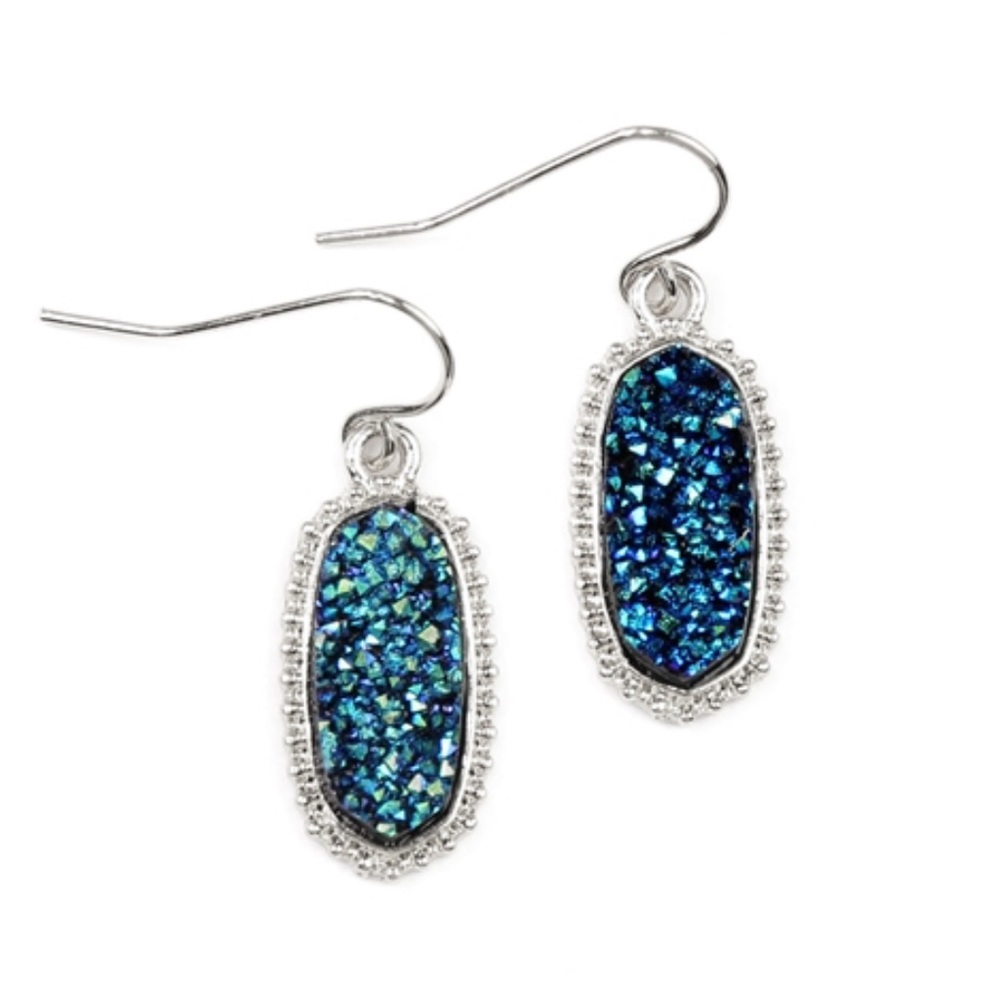Teal Faux Druzy Stone Oval Hook Back Earrings